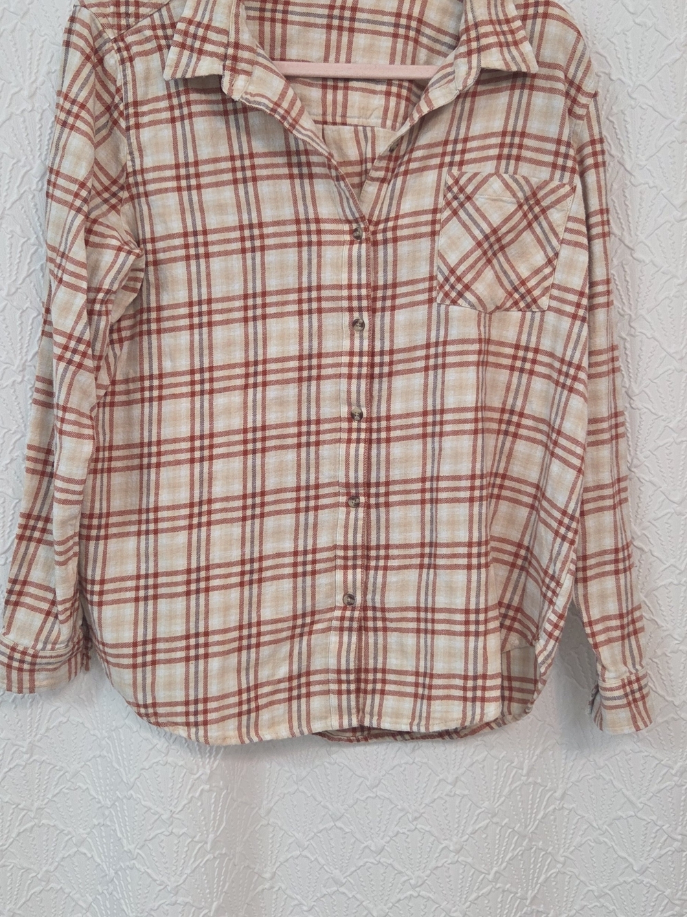 Lucky Brand Cream and Rust Plaid Button-Down Shirt